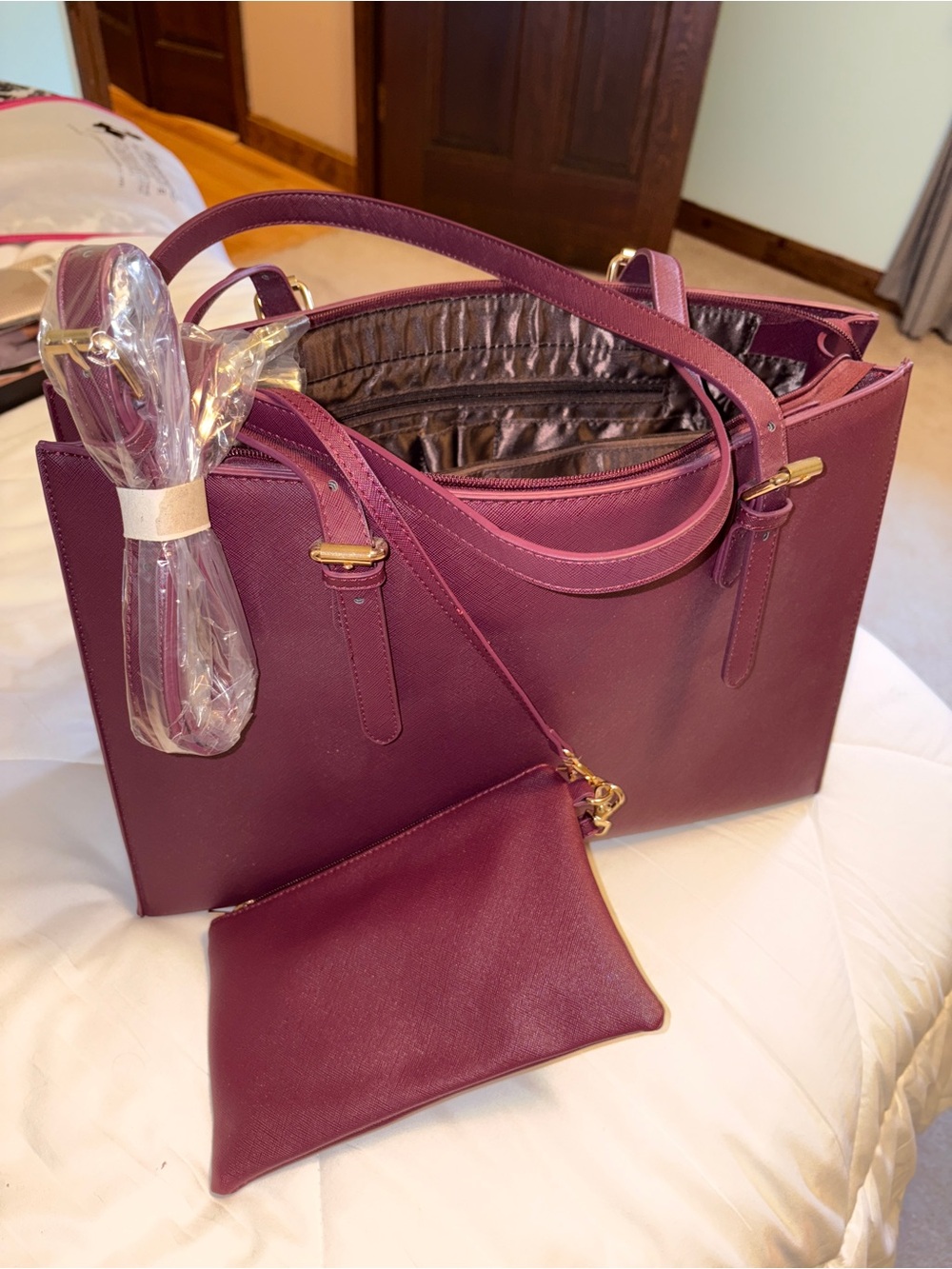Plum Leather Tote Bag with Detachable Pouch - Women